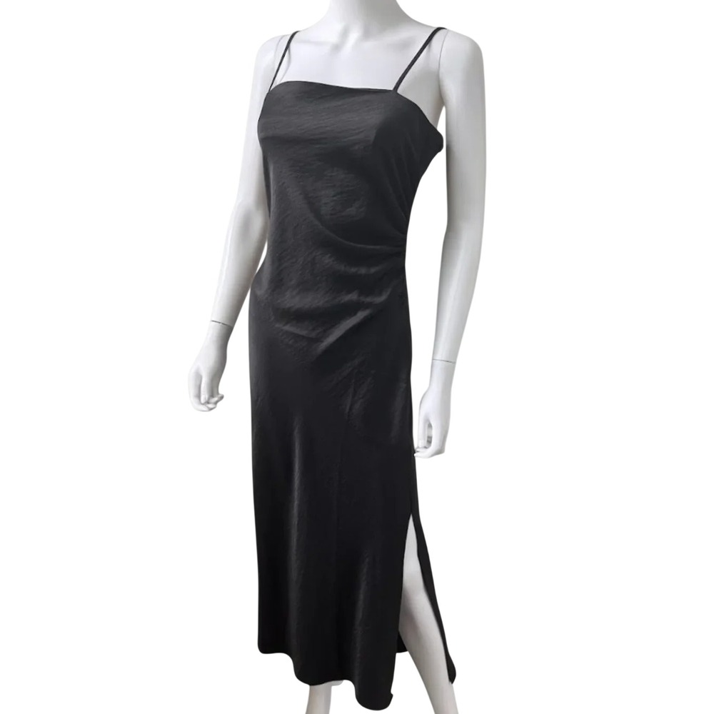 House of Harlow 1960 Black Satin Ruched Maxi Slip Dress M Formal HOCO Wedding - Picture 2 of 10